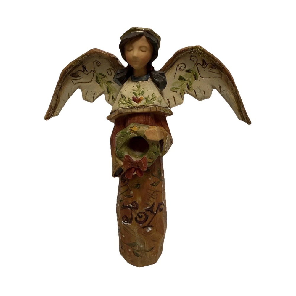 Beautiful Folk Art Resin Christmas Angel Figurine –with Holiday Wreath "Joy"